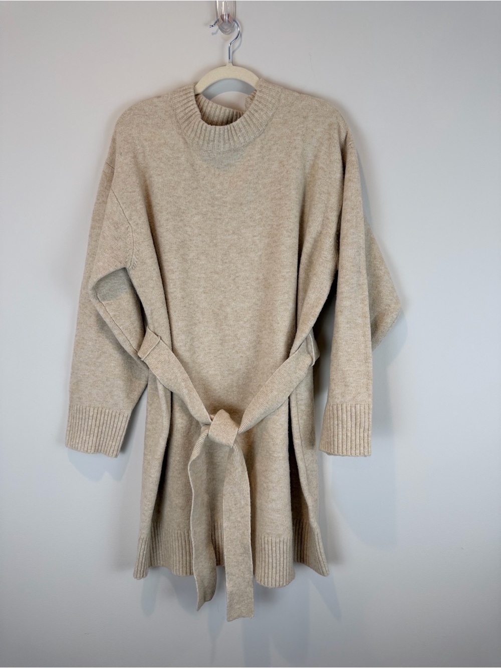 Edited Light Beige Knit Belted Mini Cozy Sweater Dress Size 38 medium